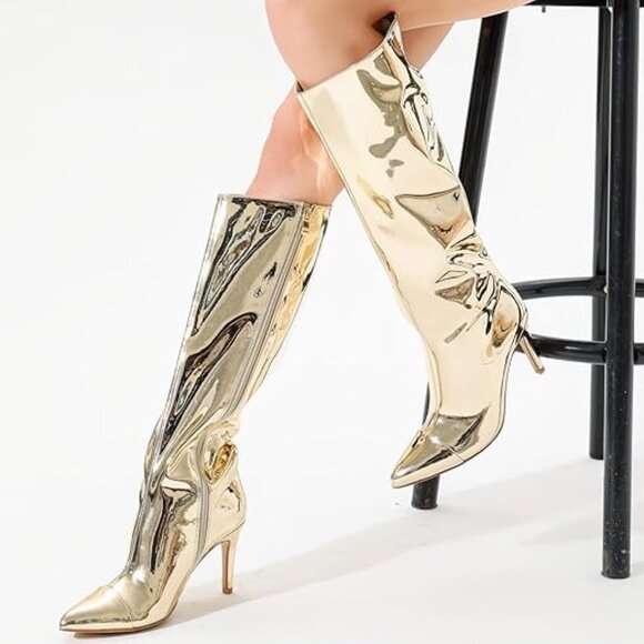 Women's Knee High Boots Pointed Toe Gold Stiletto